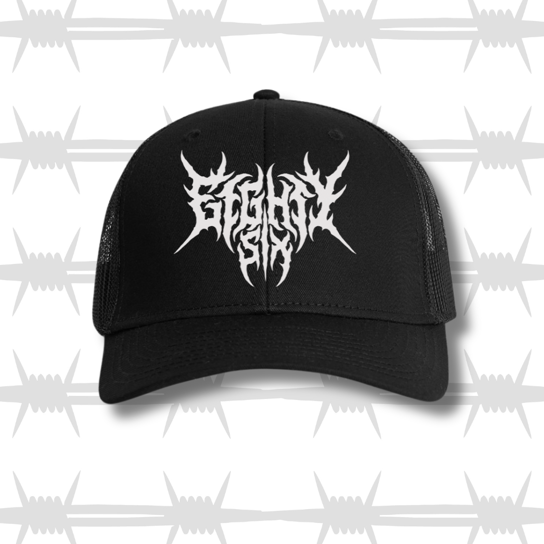 Crypt trucker cap in black with white Eightysix metal script logo