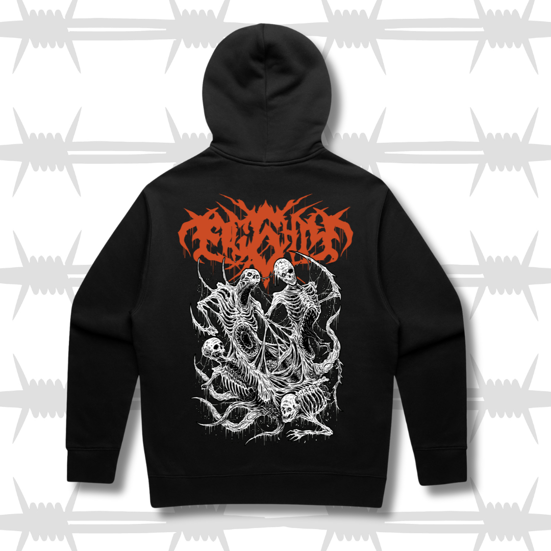Death metal hoodie back image with heavy metal script eightysix logo in orange and a white image of four demons fighting