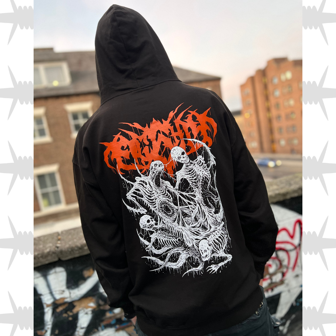 Death metal hoodie back image worn by a model, image displayed orange heavy metal script eighty six logo with four demons fighting in white.