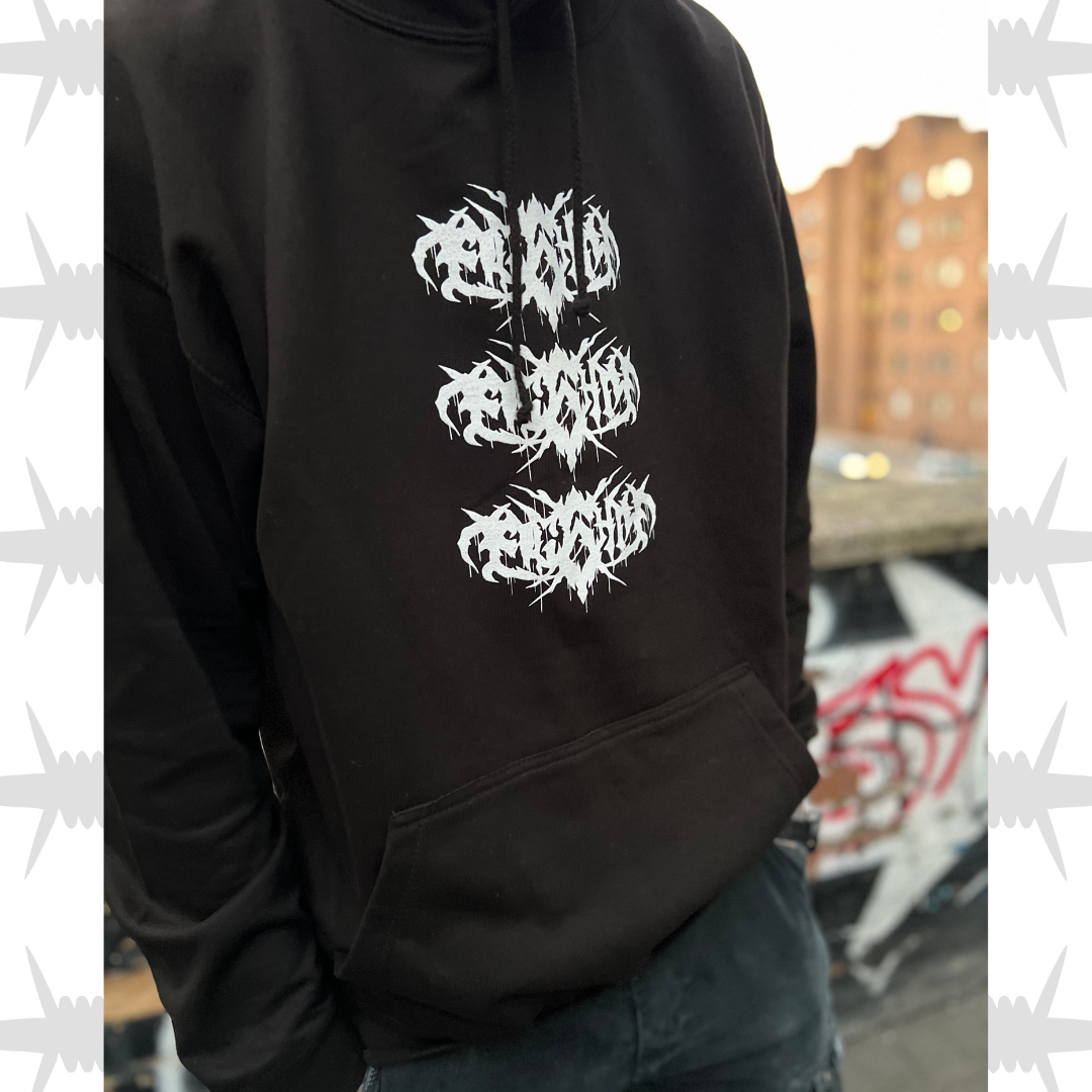 Death metal hoodie worn by a model displaying the front with three stacked death metal script eightsix logos