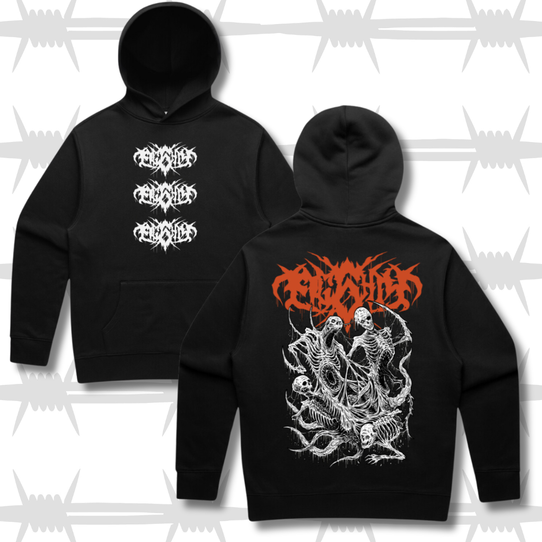 Hoodie with Death Metal tattoo inspired design with a heavy metal script eightysix logo