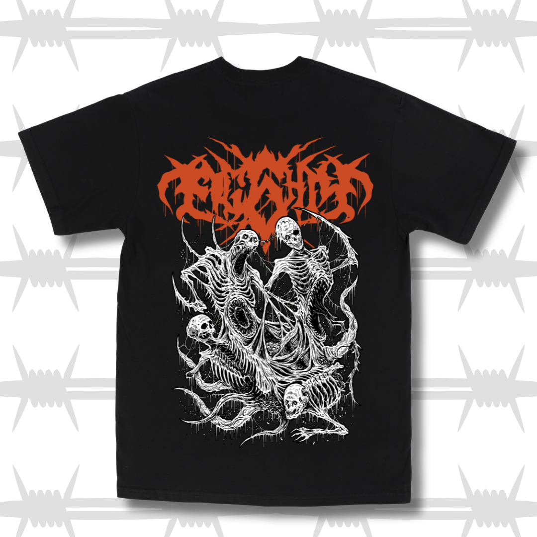 Death metal t-shirt showing the back graphic print with four tormented demons printed in white and a large grunge script Eighty six logo in orange