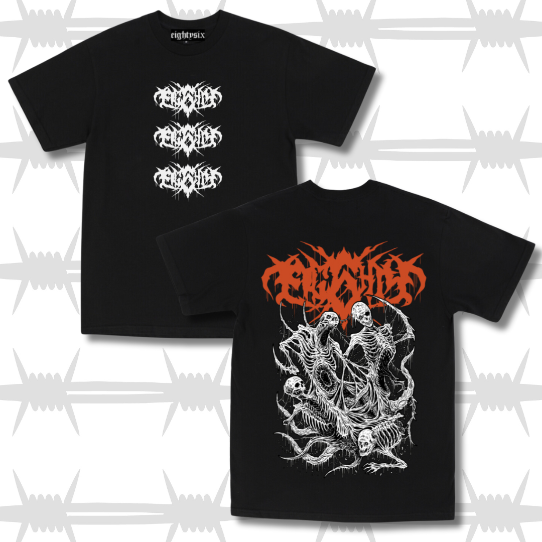 Death metal t-shirt showing both the front and back designs. The front has a triple stacked grunge script Eightysix logo. The back features a white image of four demons in torment whith he grunge script Eightysix logo in orange in the background.