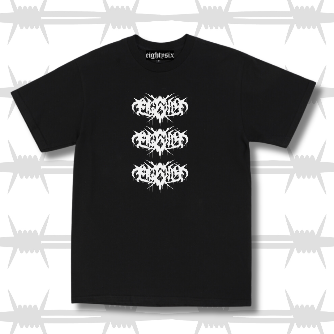 Death metal t-shirt front imagery showing three stacked grunge script style Eightysix logos