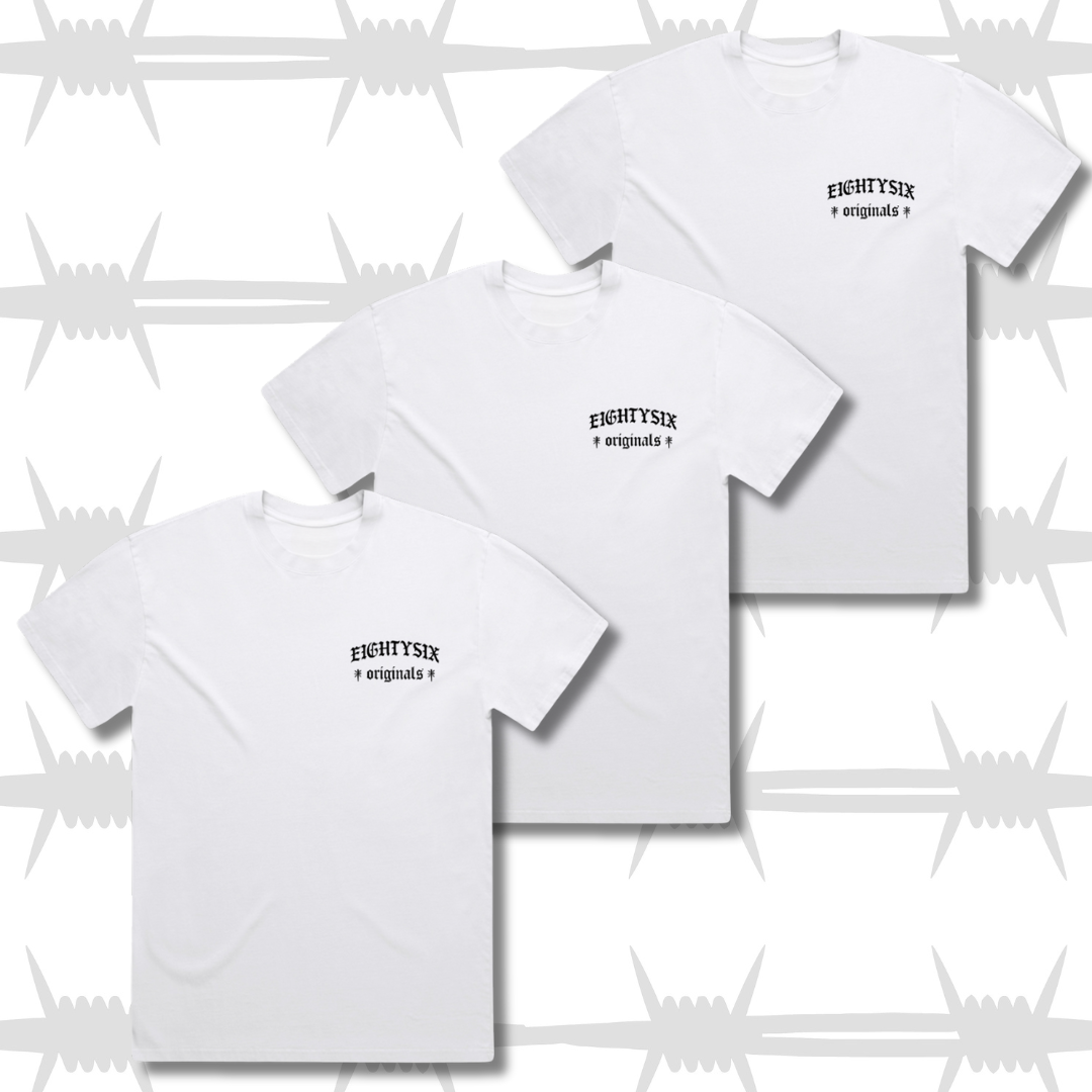 Eightysix originals t-shirt 3 pack in white with black embroidered Eightysix originals logo in black