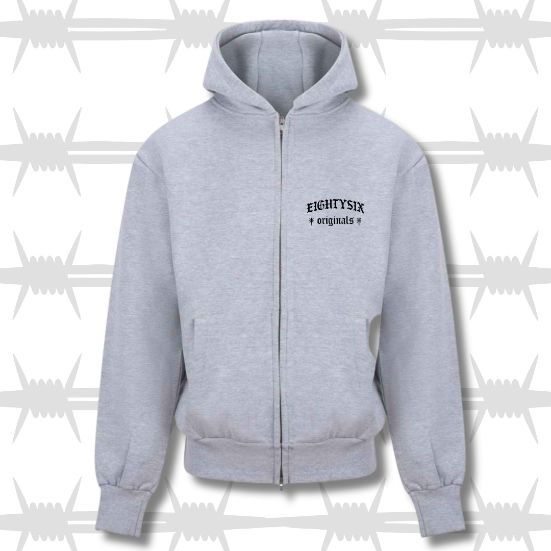 The originals zip hoodie in light grey with a black embroidered eightysix originals logo on the left breast