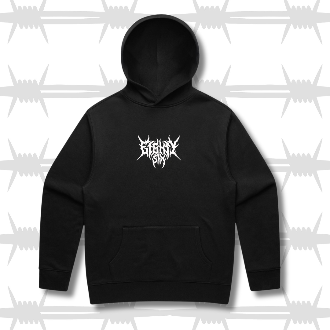 Castle hoodie front image with black hoodie and white death metal eightysix logo