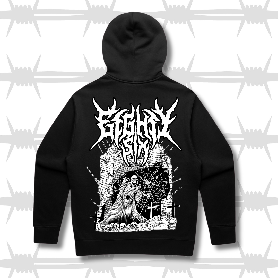 Castle hoodie back photo with graphic hood in black and white death metal eightysix logo and dark castle artwork