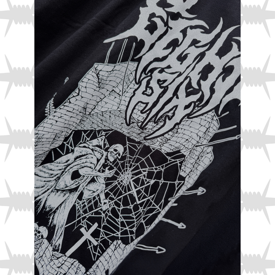 Castle hoodie artwork close up with death metal script and demonic artwork