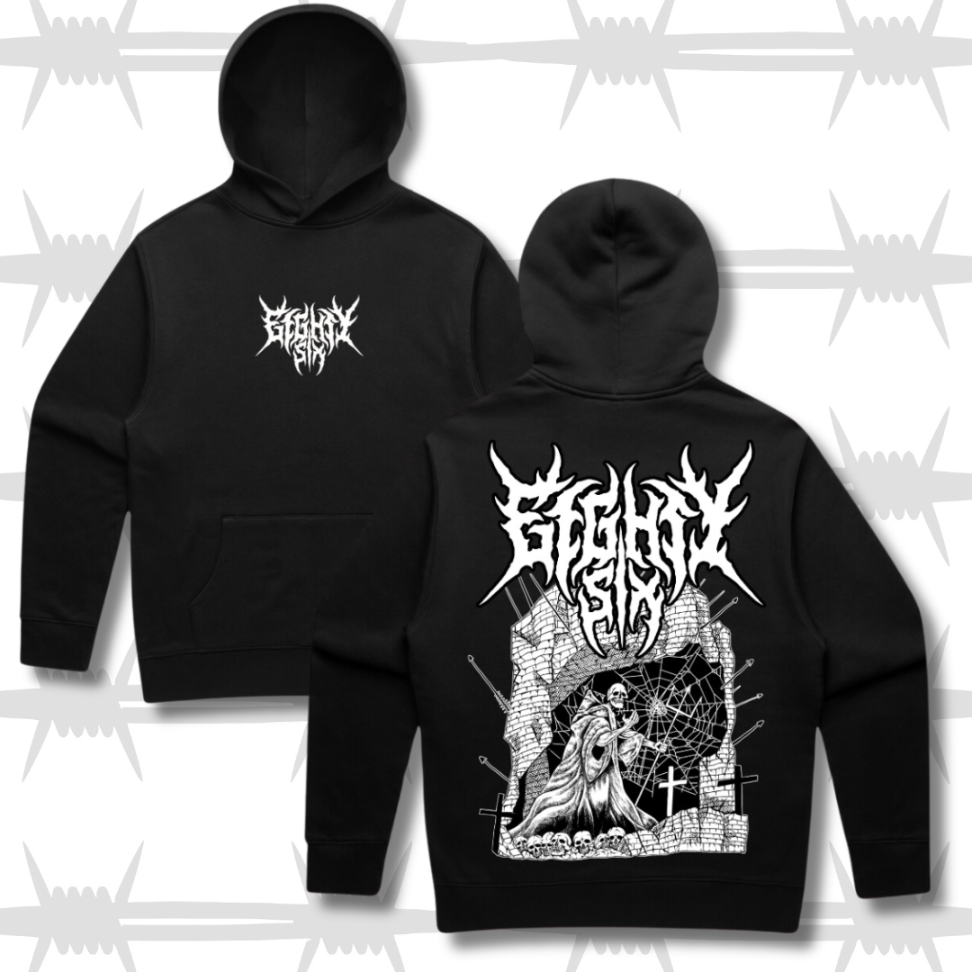 Front and back shot of the castle hoodie featuring the death metal eightsix logo and dark artwork