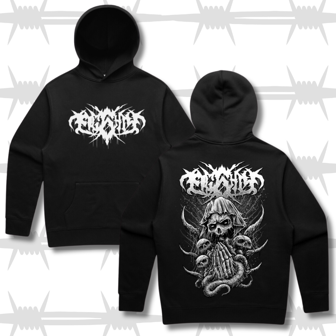 Eightysix Clothing metal demon hoodie, a graphic hood featuring the death metal logo and a demonic portrait in white on a black hoodie
