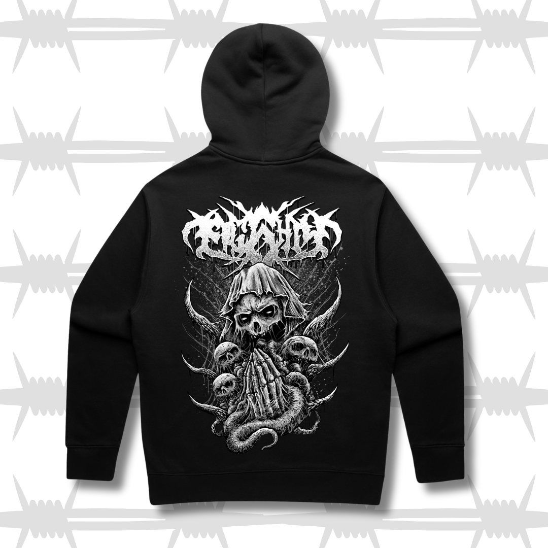 Eightysix clothing metal demon graphic hoodie in black with white death metal eightysix logo and demonic imagery