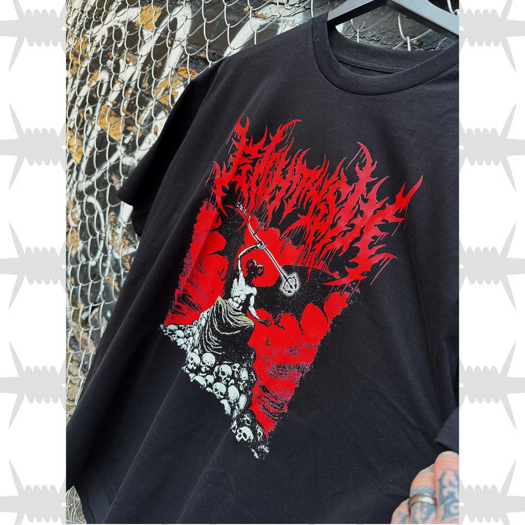 Close up of the eightysix hell t-shirt with death metal script and demonic artwork