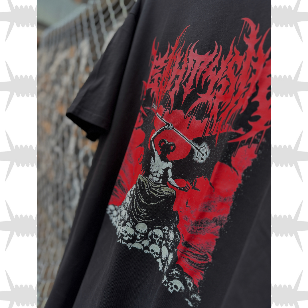 Close up of the hell t-shirt graphic tee with demonic artwork and death metal script eightysix logo