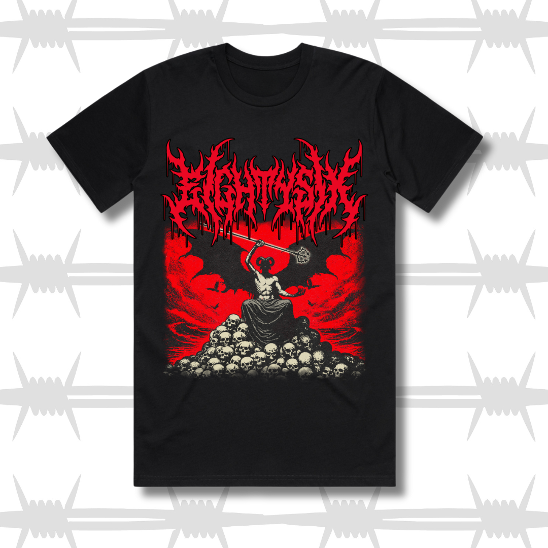 Eightysix clothing hell tee in black with demonic alternate lifestyle artwork and death metal eightysix script logo