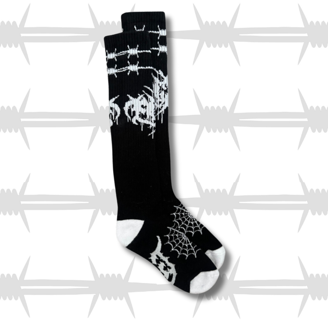 Eightysix and Og socks collaberation metal knee high socks with barbed wire, cobwebs and eightysix metal script logo
