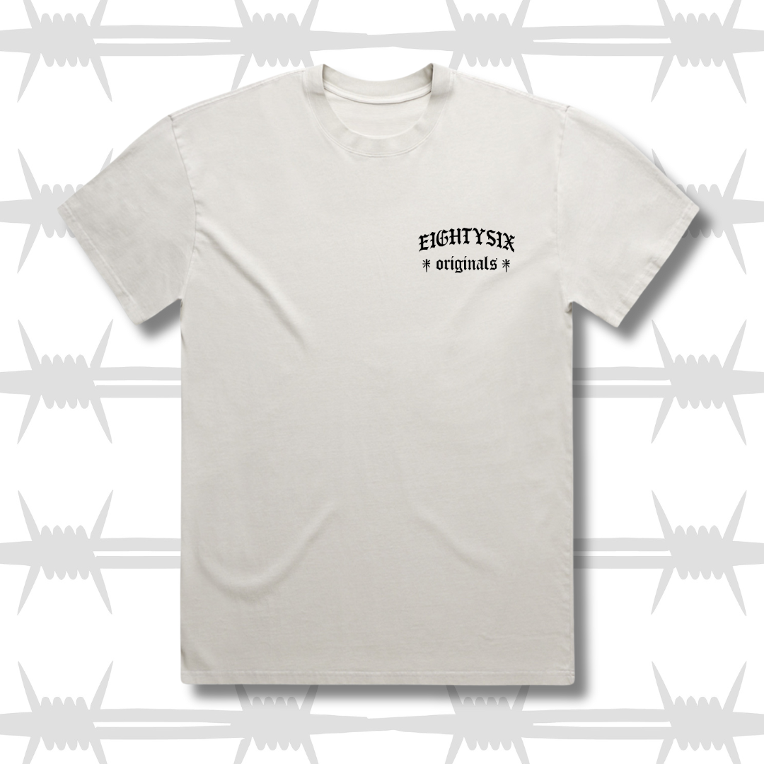 The Eightysix originals t-shirt in faded bone with a black embroidered eightysix originals logo on the left breast