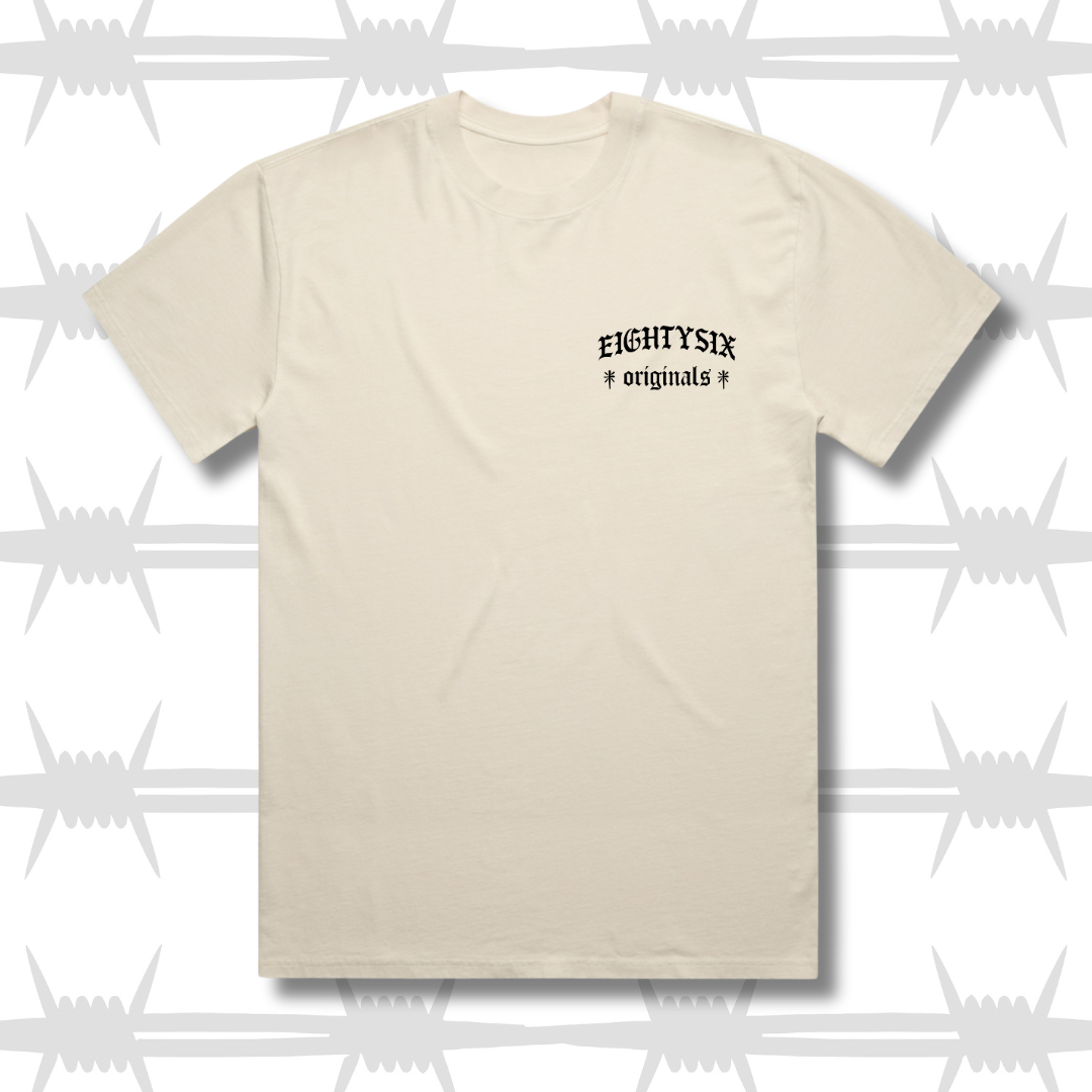 eightysix originals t-shirt in ecru with black embroidered eightysix originals logo