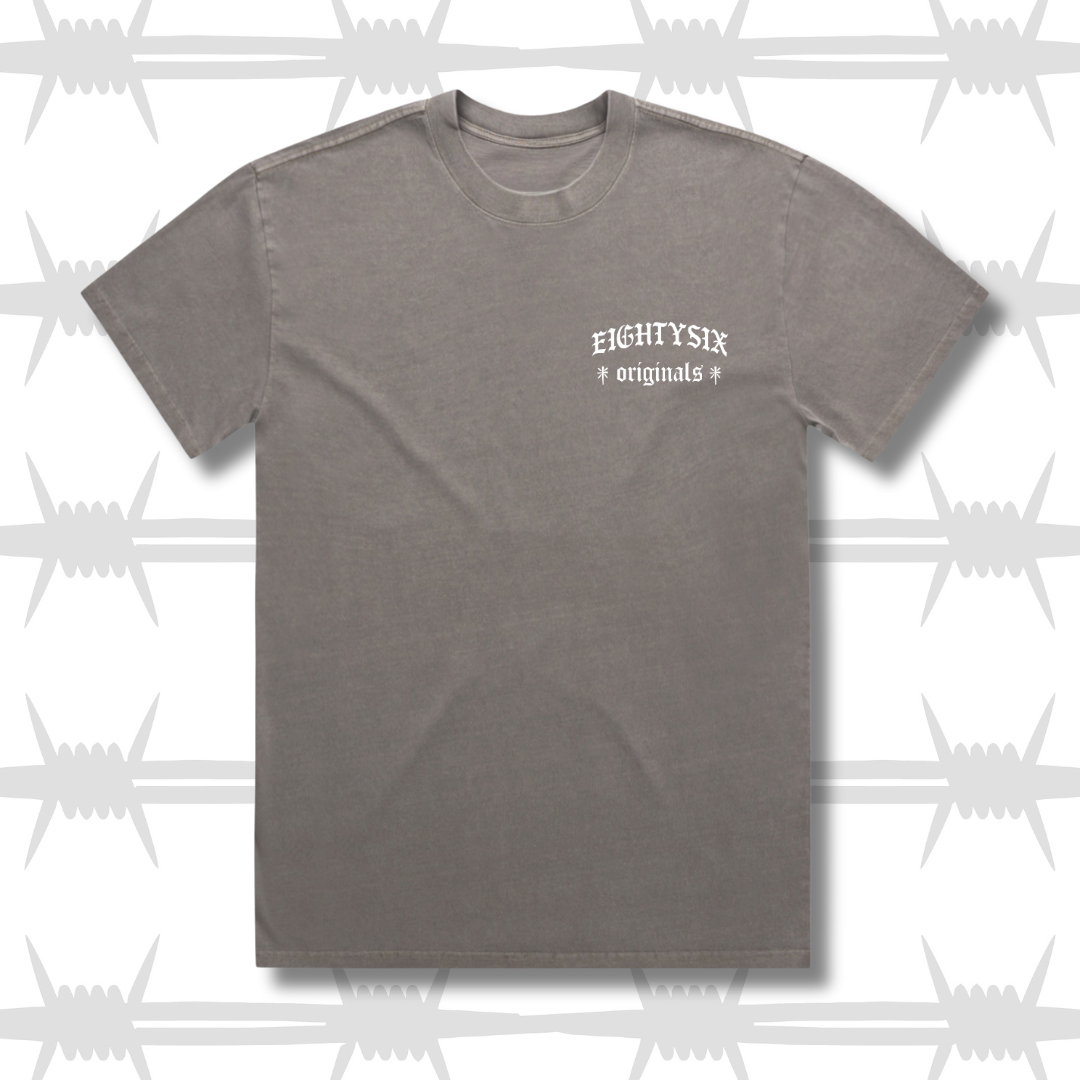 The eightysix originals t-shirt in faded grey with a white embroidered eightysix originals logo