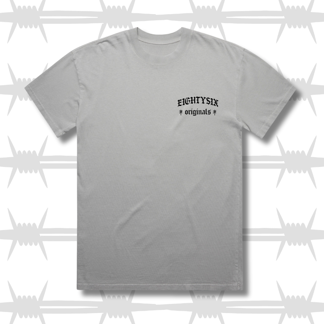 the eightysix originals t-shirt in faded storm with the eightysix originals logo embroidered in black.