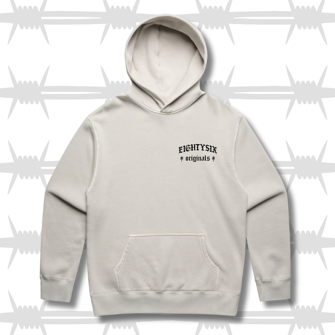 This is the eightysix orignals hoodie in faded bone with the signature eightysix origins logo embroidered in black on the left breast