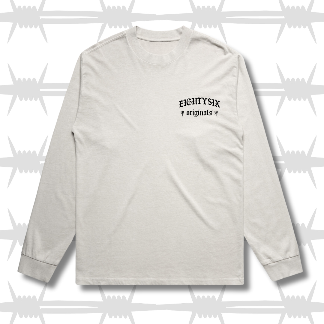 The Eightysix originals long sleeve in a faded bone colour with a black embroidered eightysix originals logo