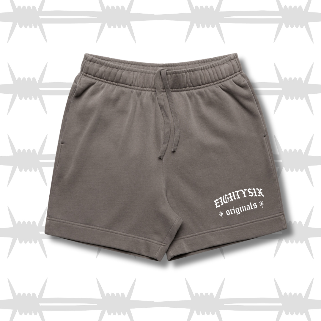 The eightysix originals shorts in faded grey with a white embroidered eightysix originals logo, these shorts also have a drawstring