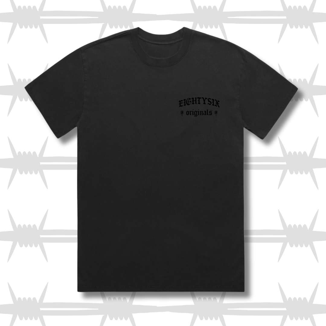 The eightysix originals limited edition black on black t-shirt. This design features a faded black t-shirt with an embroidered black eightysix originals logo on the left breast.