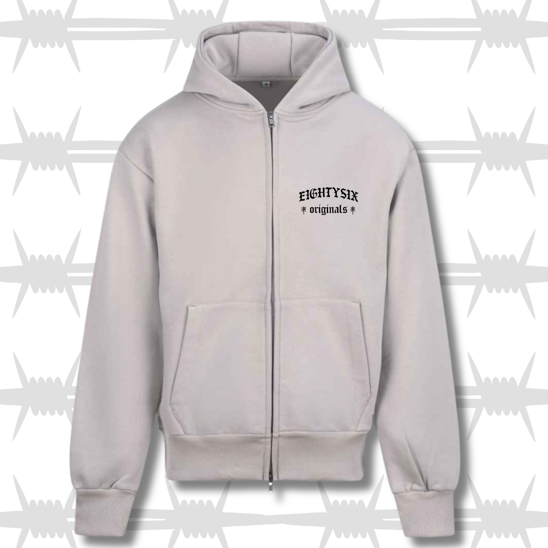 The originals zip hoodie in White with a Black embroidered eightysix originals logo on the left breast