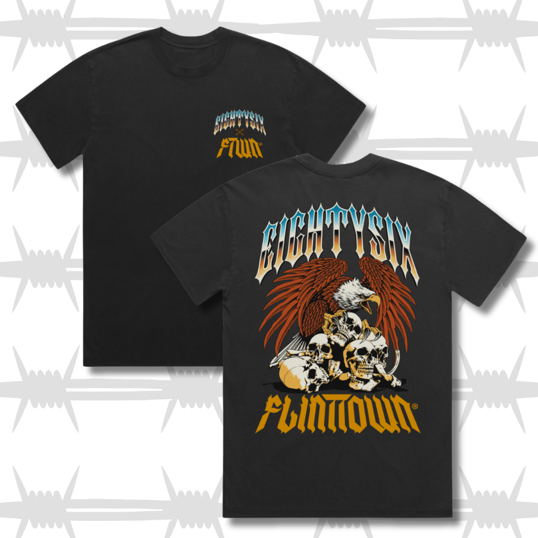 Eightysix x flinttown t-shirt showing the front design with the eightysix lgoo in a chrome tattoo style and ftown logo in orange, the back shows the same logos but with an eagle protecting skulls in a tattoo style
