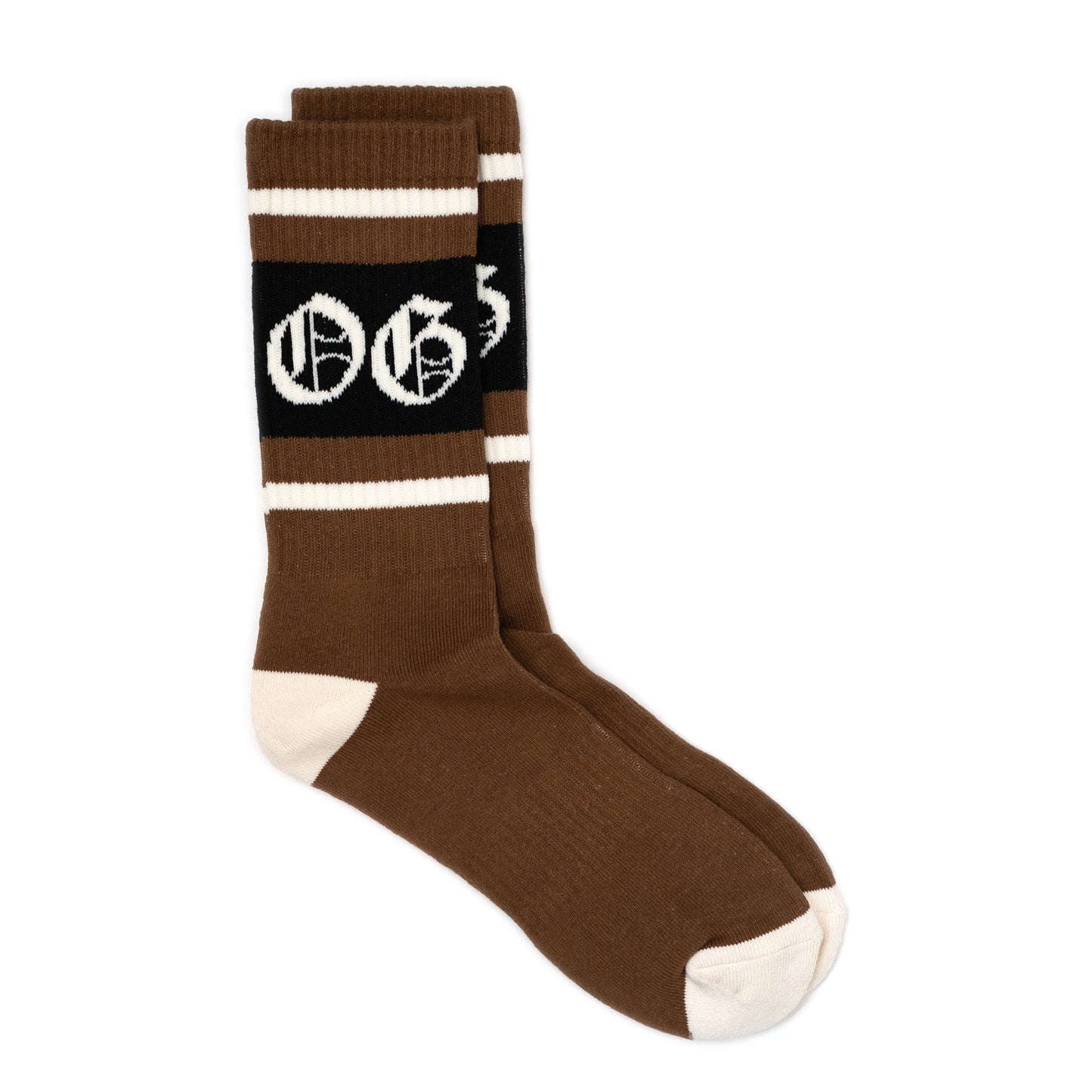 Mocha coloured OG socks with black and white stripes and white OG logo.