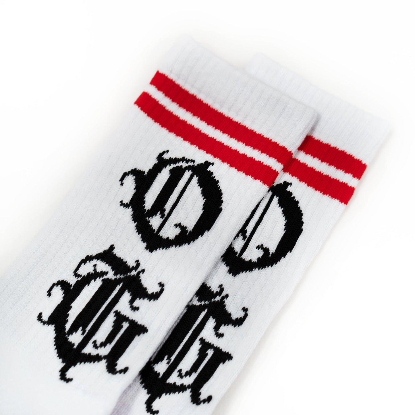 White OG socks with OG writen in old english and two red stripes