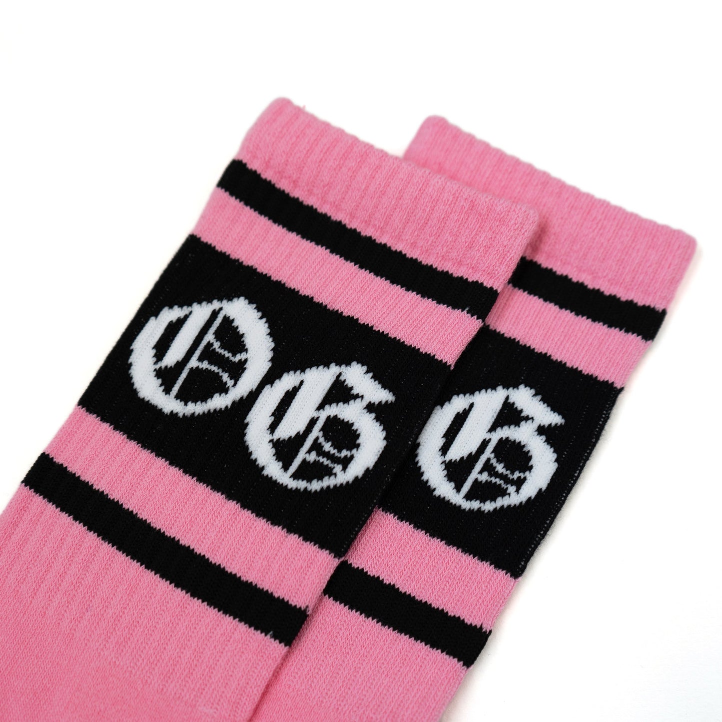 Bubblegum pink og socks with black stripes and white OG logo