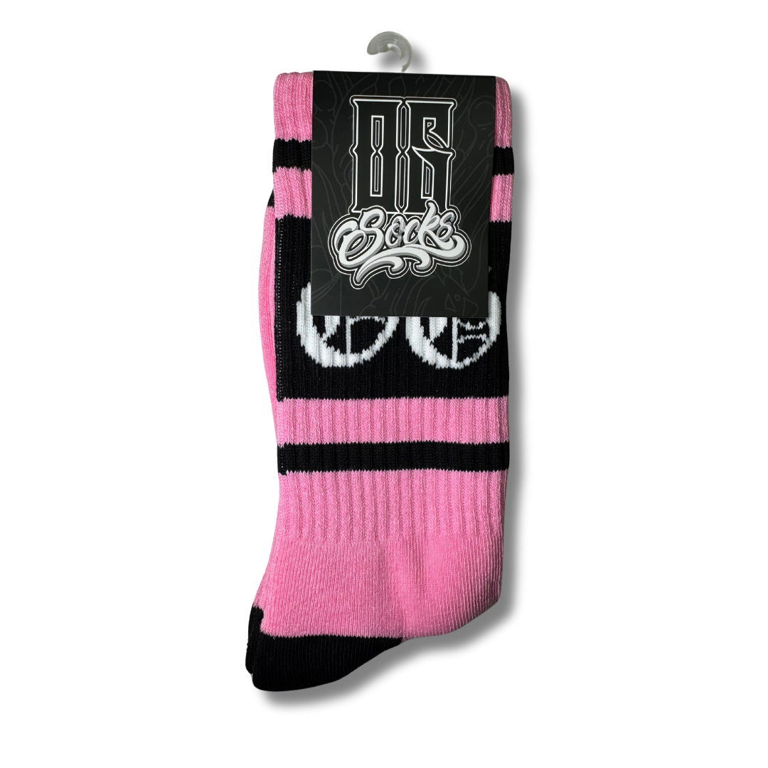 Bubblegum pink og socks with black stripes and white OG logo