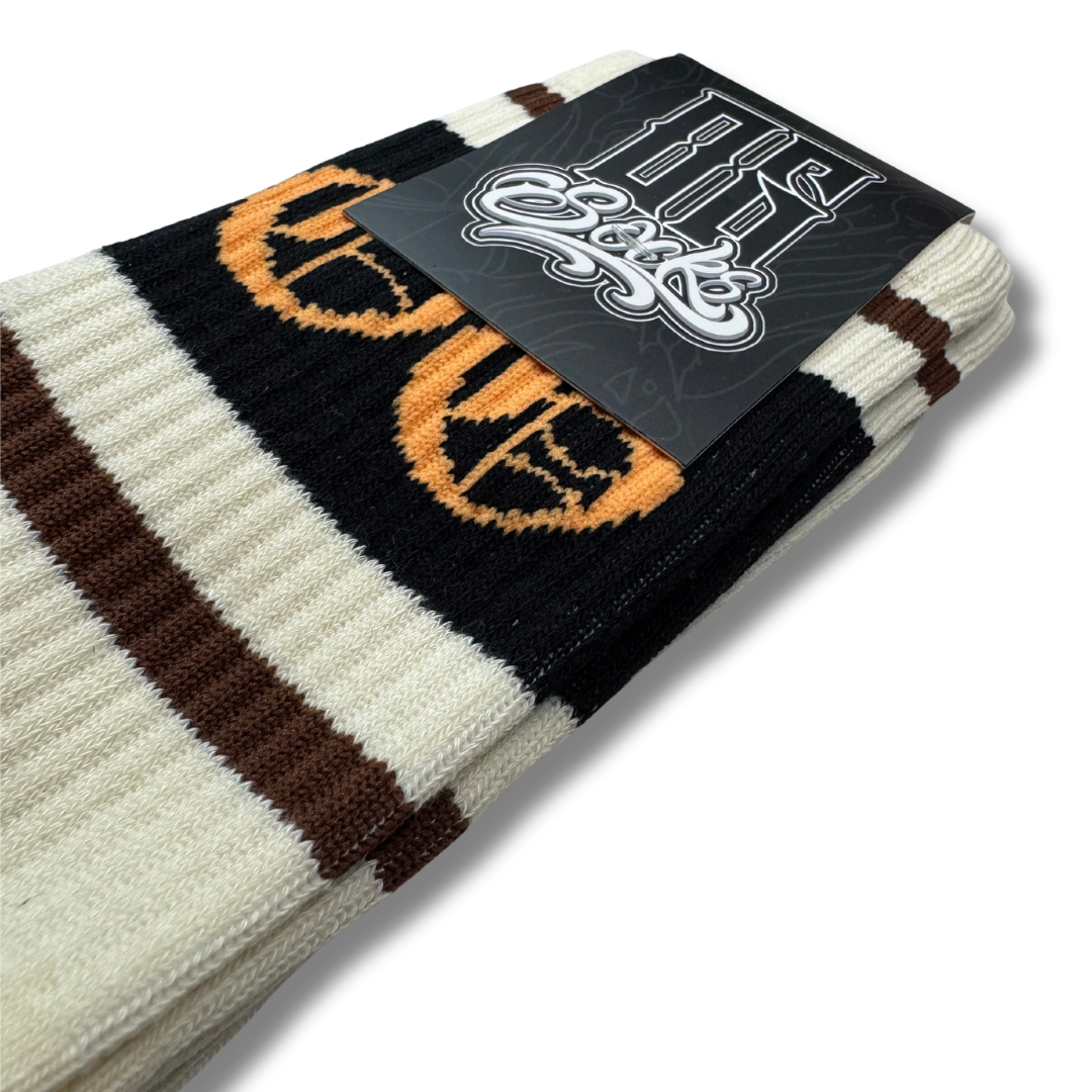 White OG socks with two espresso stripes and a black band with an orange OG logo