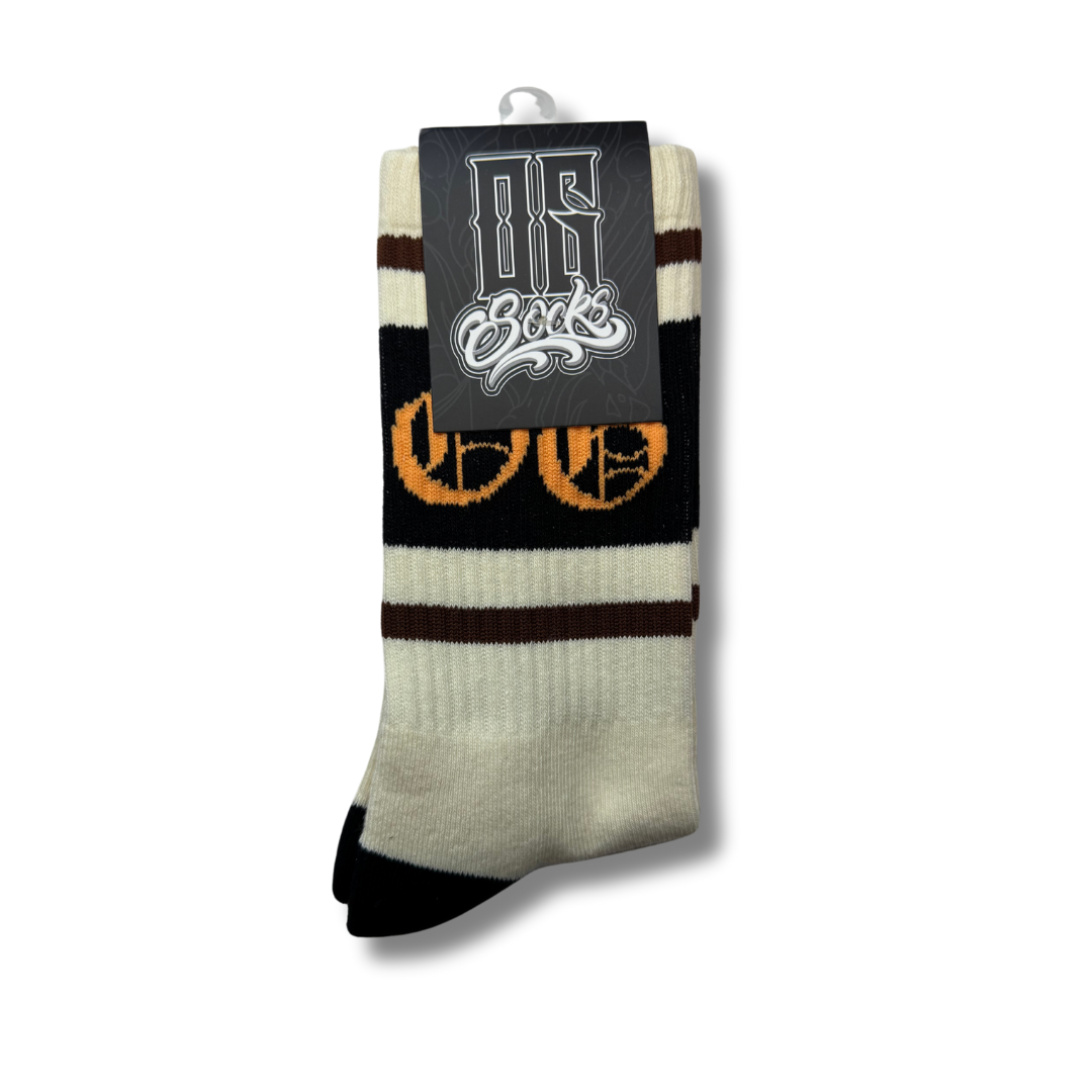 White OG socks with two espresso stripes and a black band with an orange OG logo
