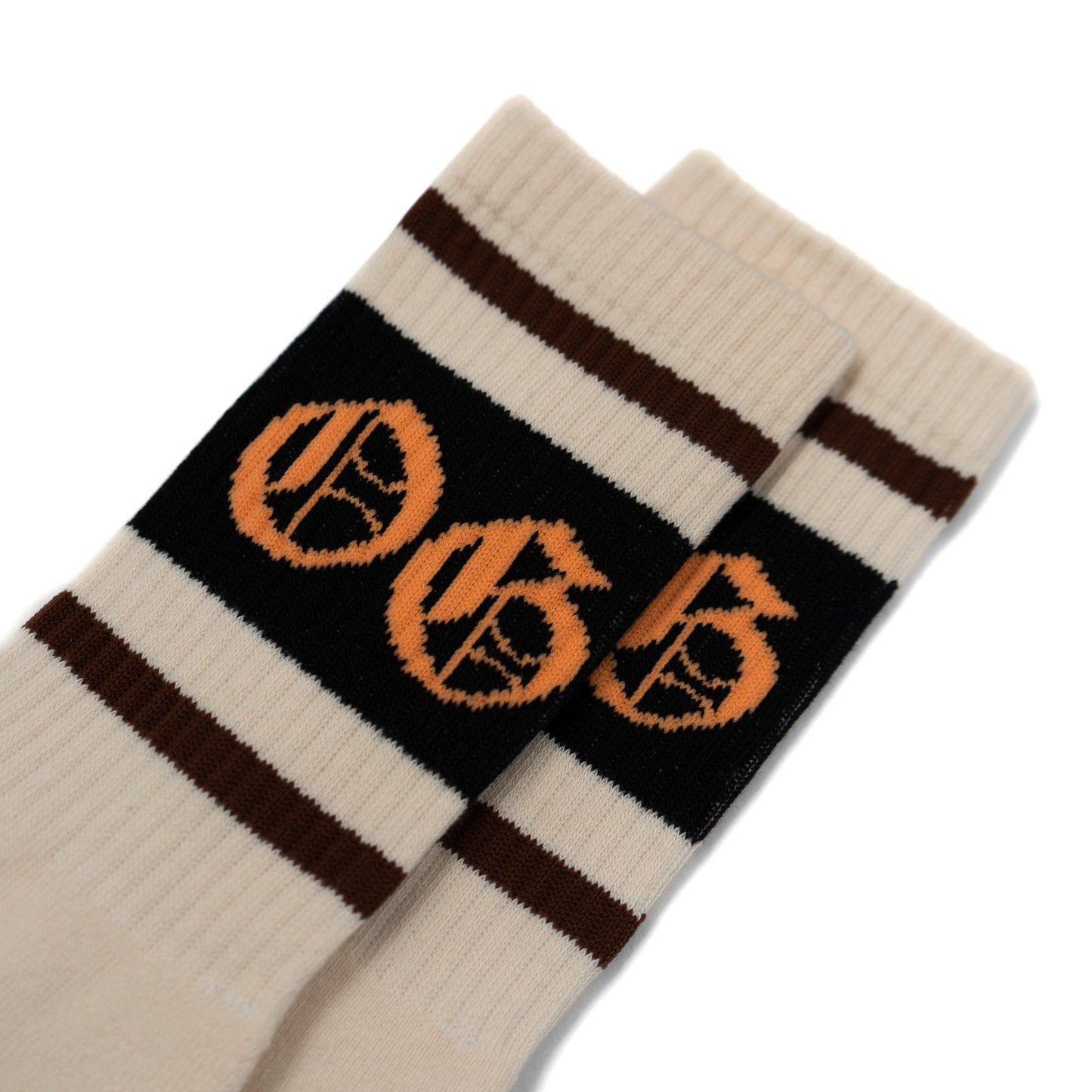 White OG socks with two espresso stripes and a black band with an orange OG logo