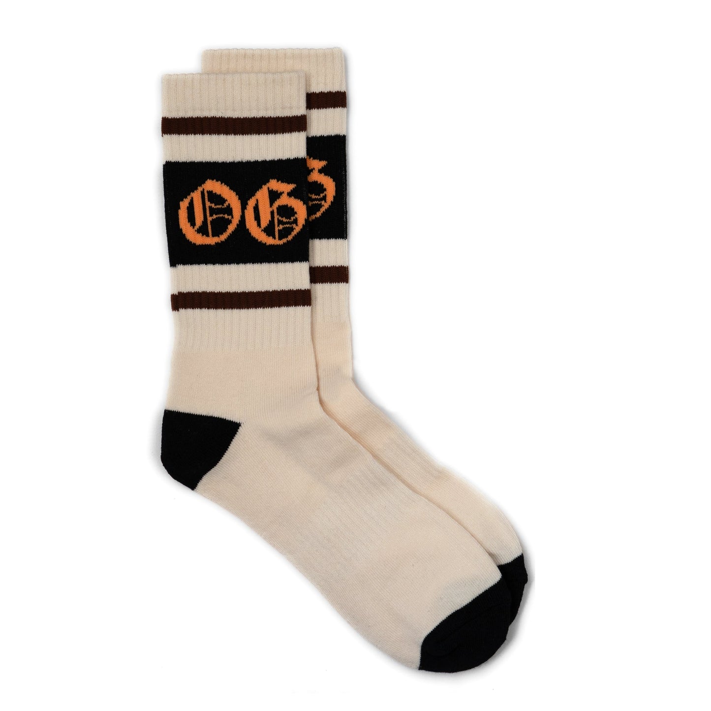 White OG socks with two espresso stripes and a black band with an orange OG logo