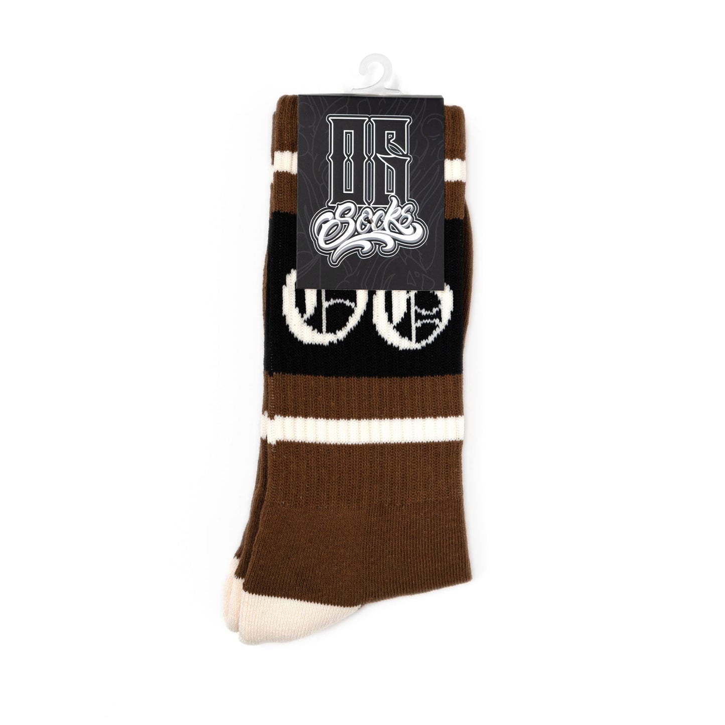 Mocha coloured OG socks with black and white stripes and white OG logo.