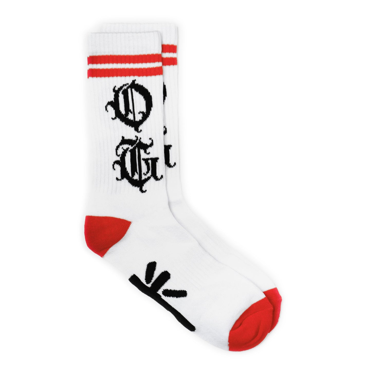 White OG socks with OG writen in old english and two red stripes