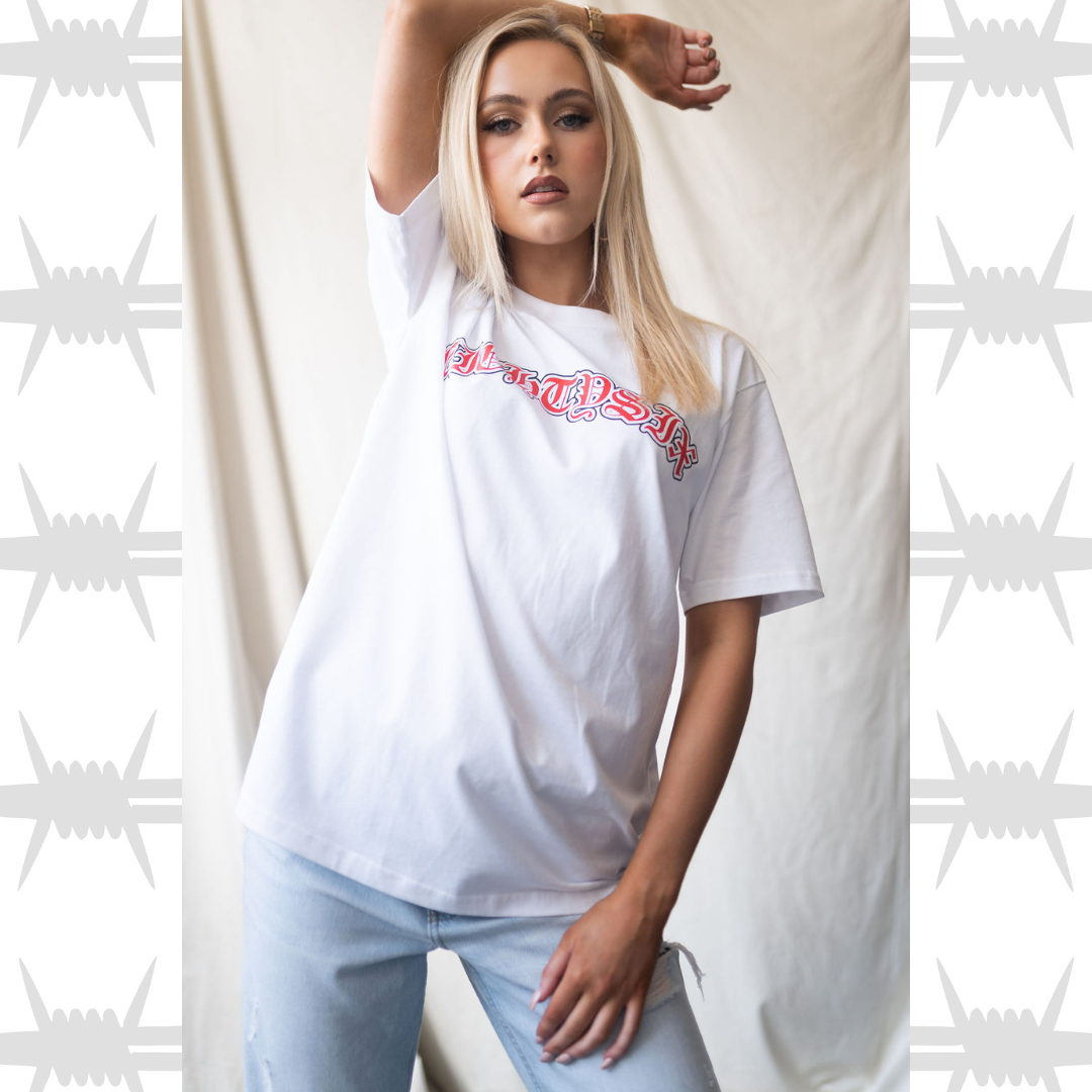 Old English script t-shirt in white with old english tattoo eightysix logo worn by female alternative model