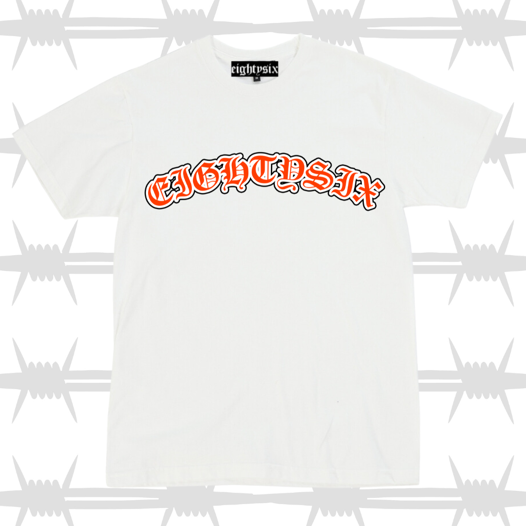 Old English tattoo script t-shirt in white with orange script