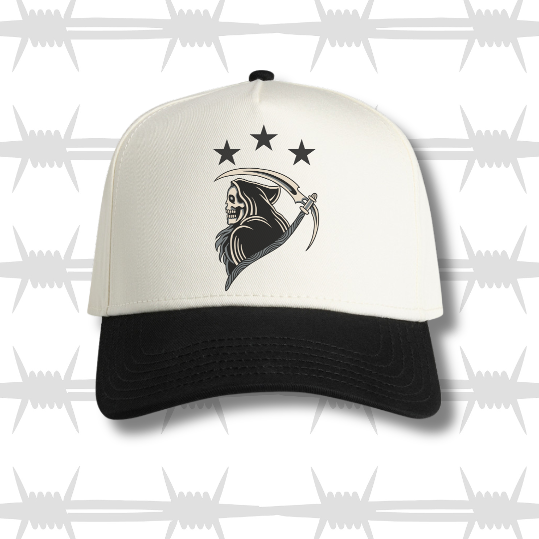 two tone cap with black peak and traditional tattoo style reaper design