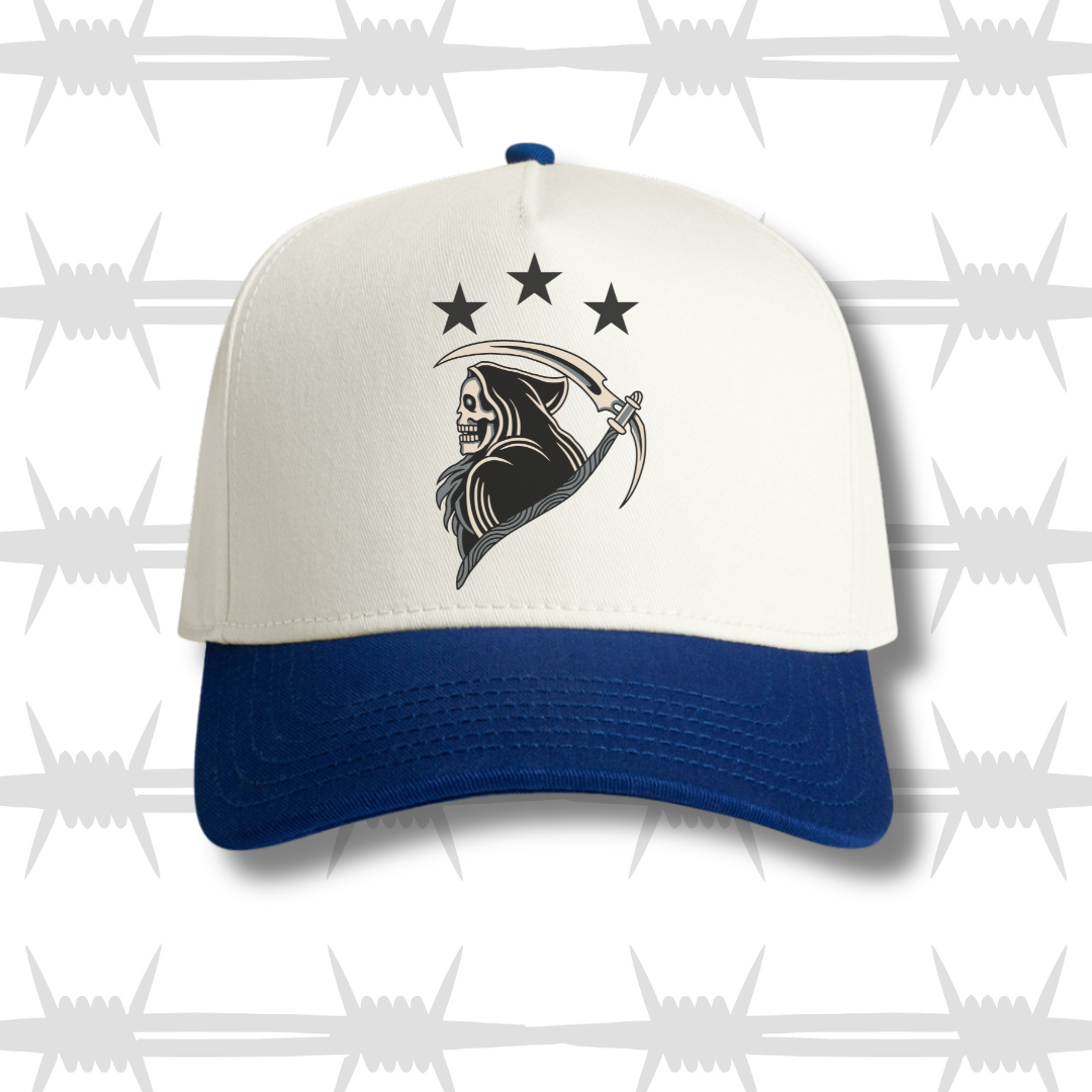 two tone cap with blue peak and traditional tattoo style reaper design