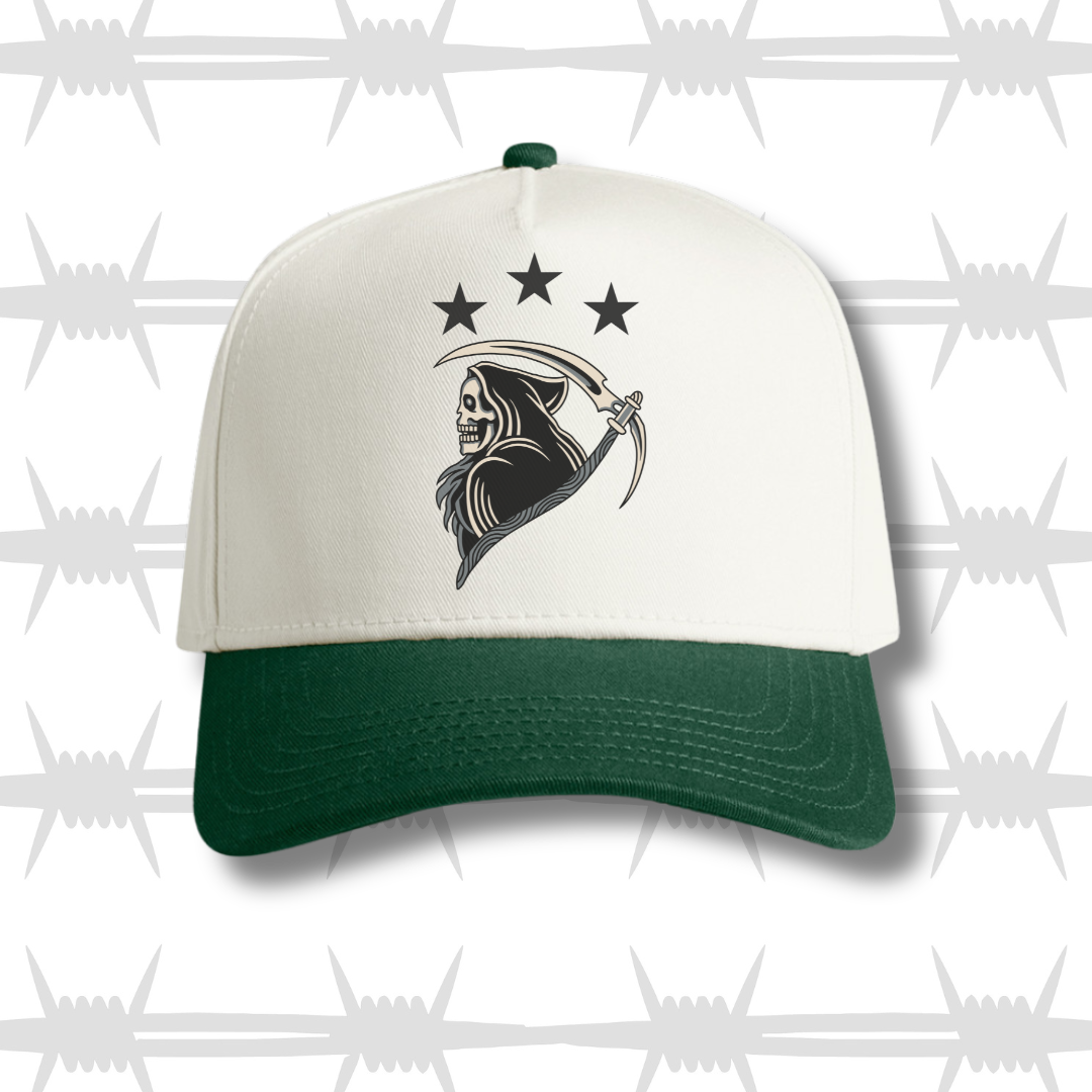 two tone cap with forest green peak and traditional tattoo style reaper design