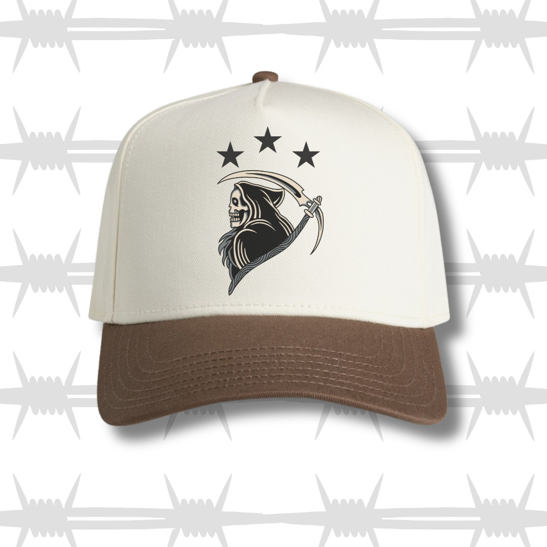 two tone cap with walnut peak and traditional tattoo style reaper design