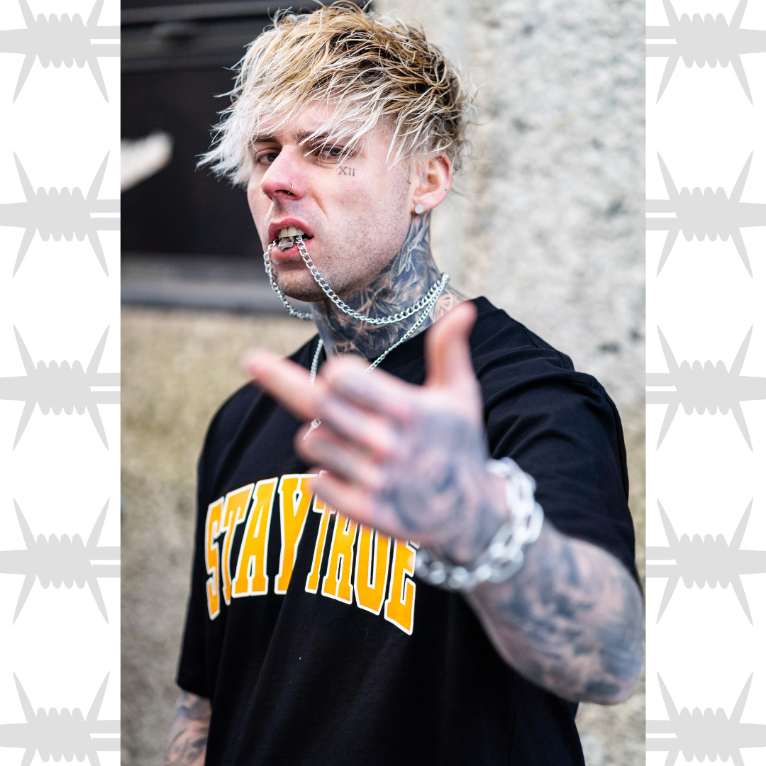 Eightysix Stay True Varsity t-shirt in black won by tattooed alternative lifestyle model