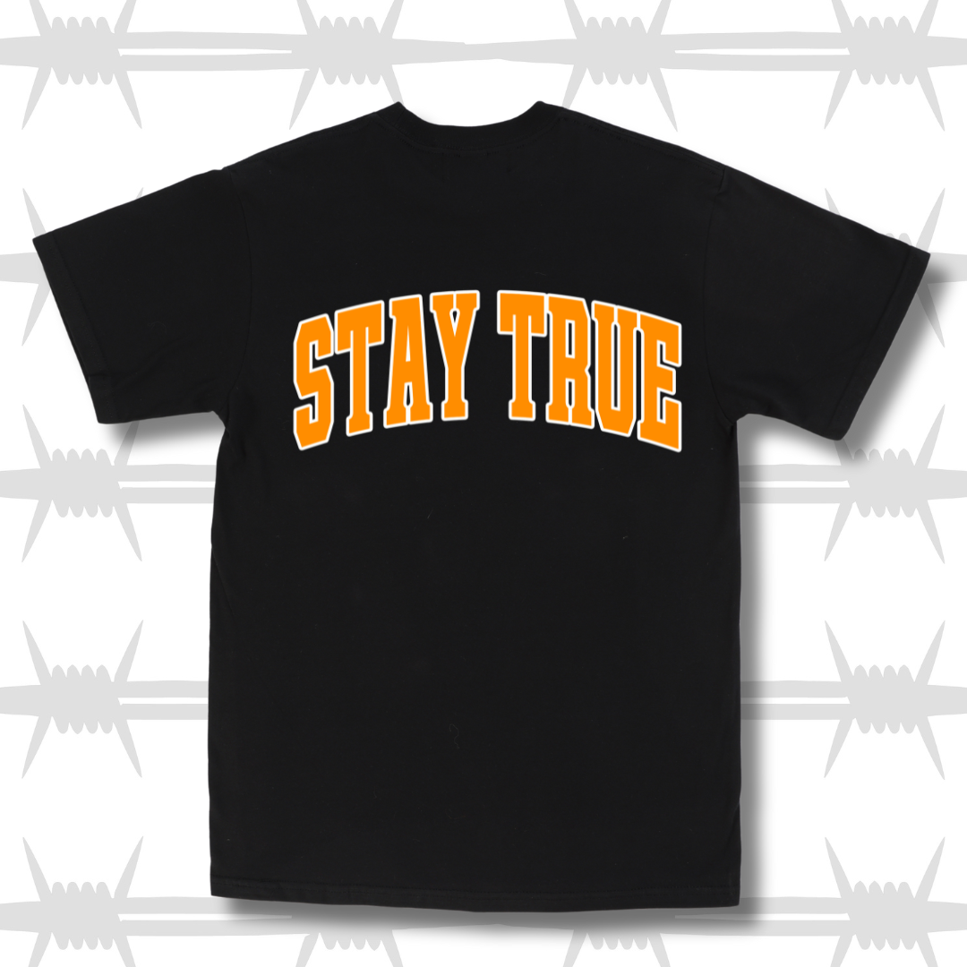Stay True varsity t-shirt graphic t-shirt in black with orange stay true script