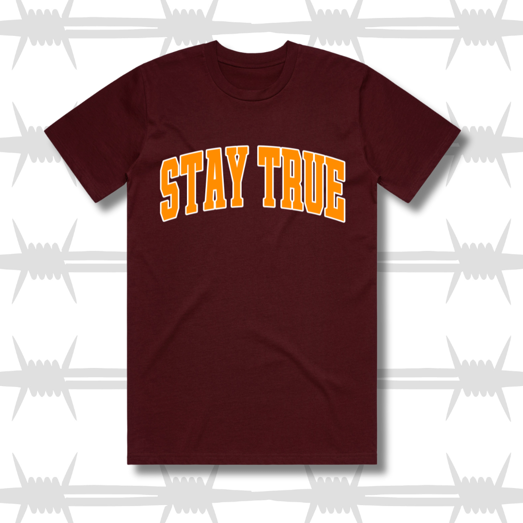 stay true varsity t-shirt graphic tee in burgundy with orange stay true tattoo script