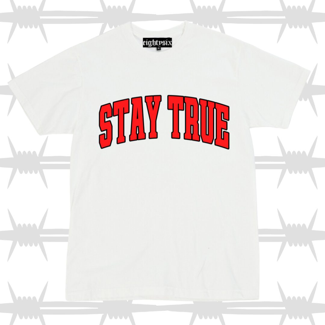 Stay true varsity t-shirt in white with orange stay true text and eightysix logo in tag